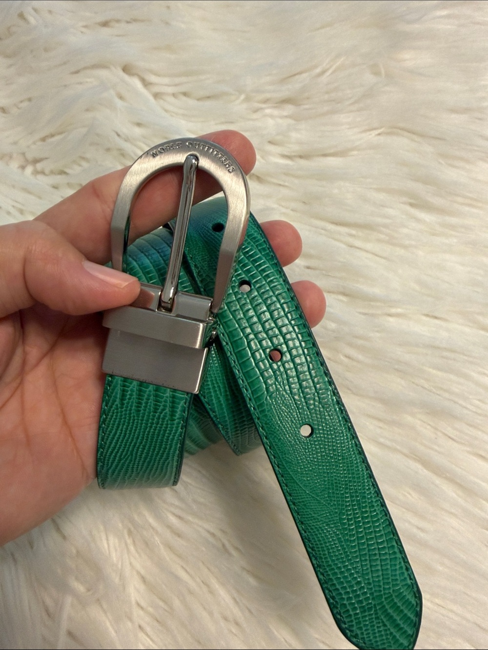 NOBLE OUTFITTING Green Textured Leather Belt with Silver Buckle size M/ 34 BNWOT